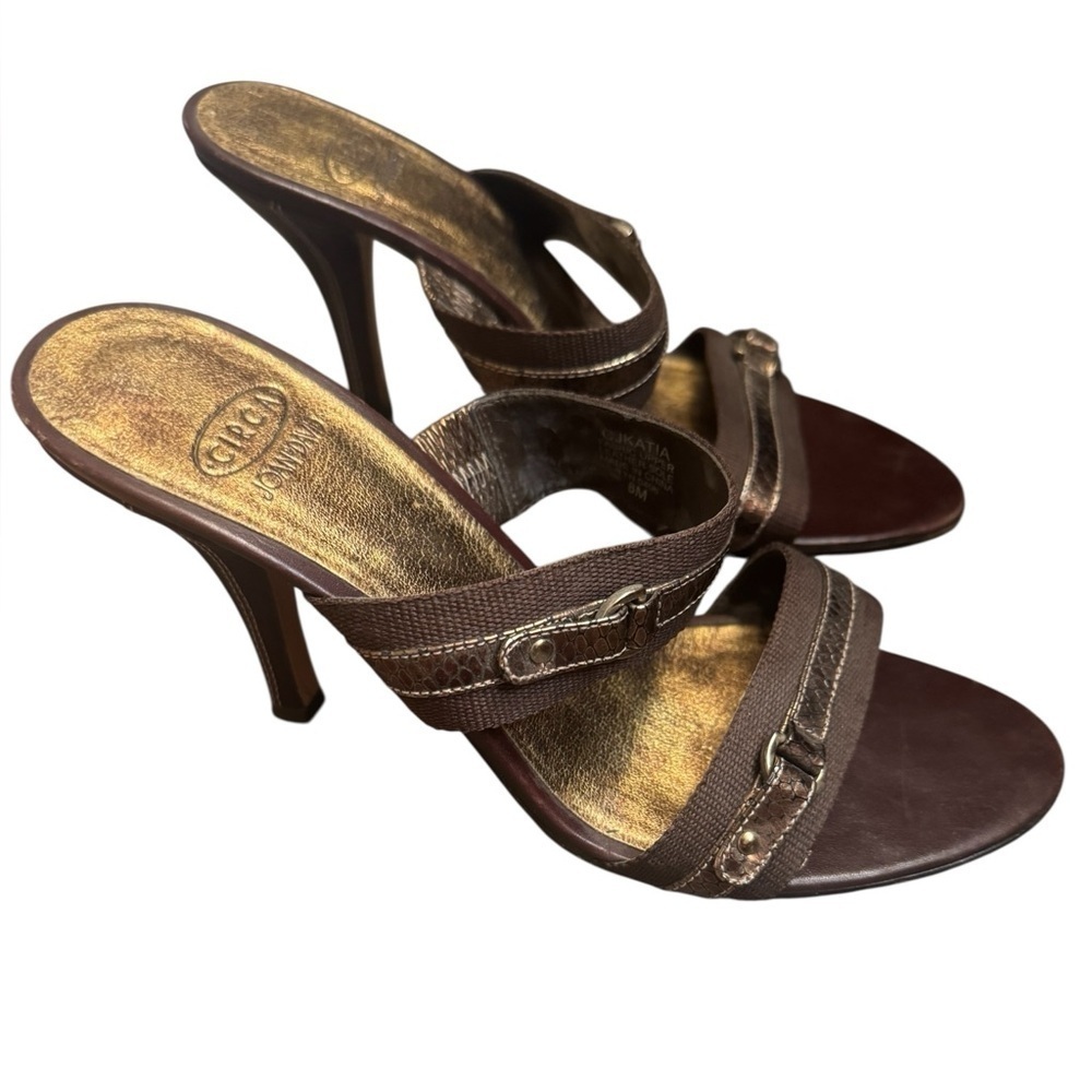 CIRCA JOAN & DAVID Leather And Canvas SZ 8 Open Toe Heel 2 Strap Y2K Bronze EUC